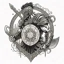 A warrior holding a shield with a skyline in the background, representing protection and ambition tattoo design idea