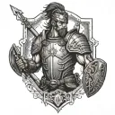 A warrior holding a shield with a skyline in the background, representing protection and ambition tattoo design idea