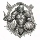 A warrior holding a shield with a skyline in the background, representing protection and ambition tattoo design idea