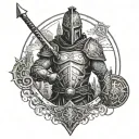 A warrior holding a shield with a skyline in the background, representing protection and ambition tattoo design idea