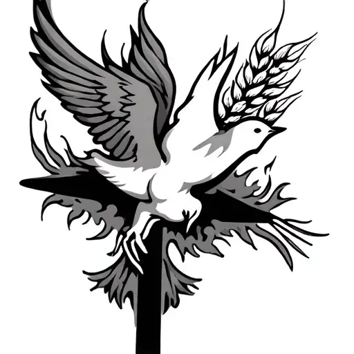Cross and dove with ears of wheat and heart in flame tattoo design idea