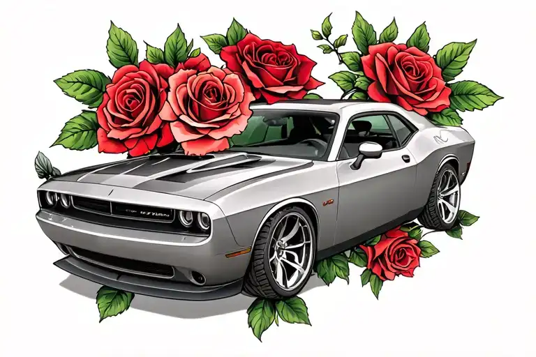 roses and a 2013 dodge challenger muscle car tattoo design idea