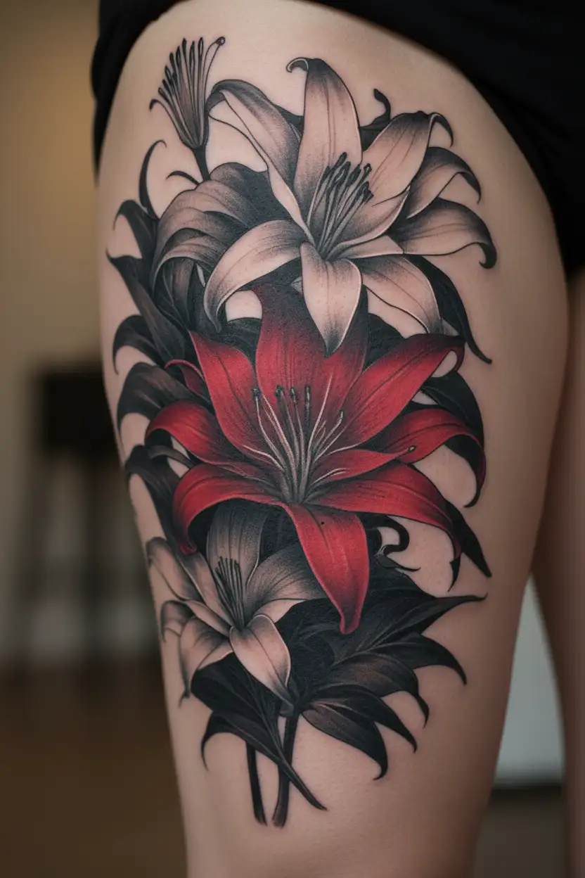 QOS Red Spider Lily flowers intertwined tattoo design idea