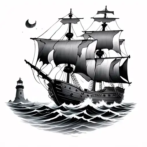 battered pirate ship sailing through stormy sea guided by a faint lighthouse  tattoo design idea