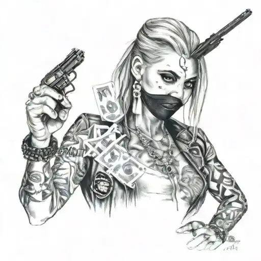 my women face and pokergamer gangster guns money drugs tattoo design idea