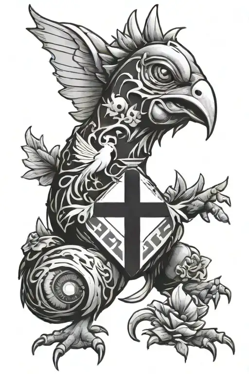 a cross, ynwa, a liverbird, the Australian flag, the english flag and the welsh flag, the pokemon turtwig all individual tattoo design idea