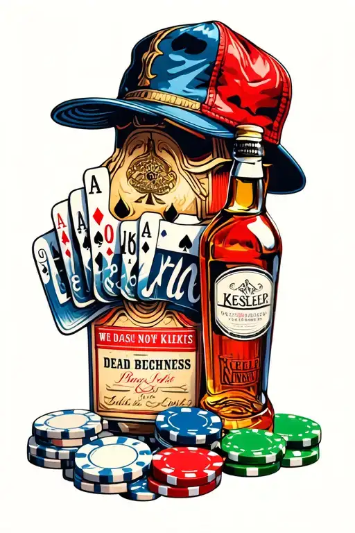 radiator, quilt mechanics cap, dead mans hand, poker chips, kessler whisky bottle tattoo design idea