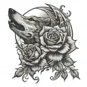 wilting roses, half moon, wolf blended by roses tattoo design idea