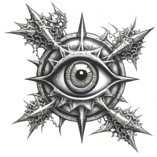 tired eye, cyber sigilism, spikes crossed over tattoo design idea