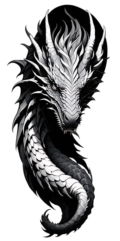 realistic black and grey dragon tattoo on upper arm, detailed scales, white highlights, lower arm with fine-line Libra s tattoo design idea