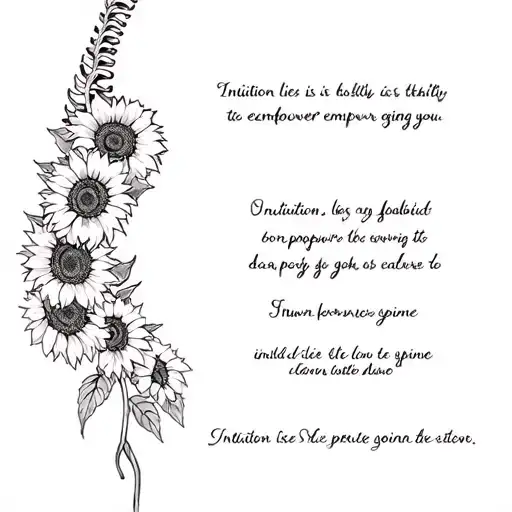 sunflowers spine tattoo with words saying Intuition lies in its ability to empower you going down the spine tattoo design idea