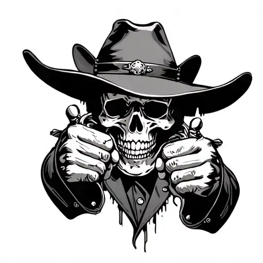 skull with torn cowboy hat pointing 2 revolvers at himself tattoo design idea