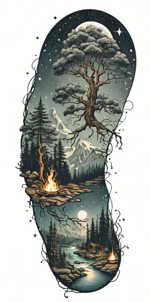 aquarius constellation with mountains with forest with river and small campfire and biggest tree in middle tattoo design idea