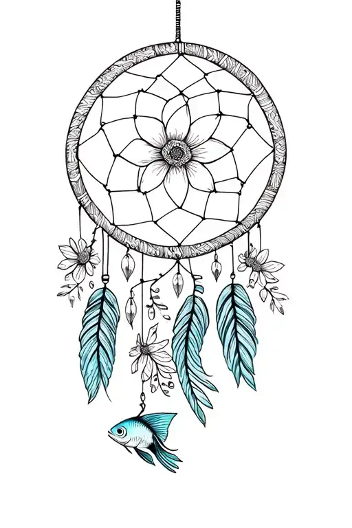 dream catcher with flowers and beta fish swimming upstream tattoo design idea