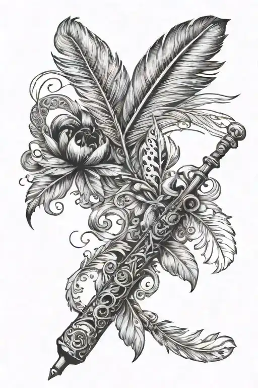 flute and feather quill scrawling tattoo design idea