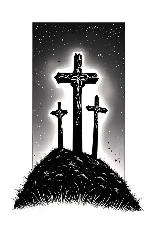 3 crosses on a hill dark sky filled with stars tattoo design idea