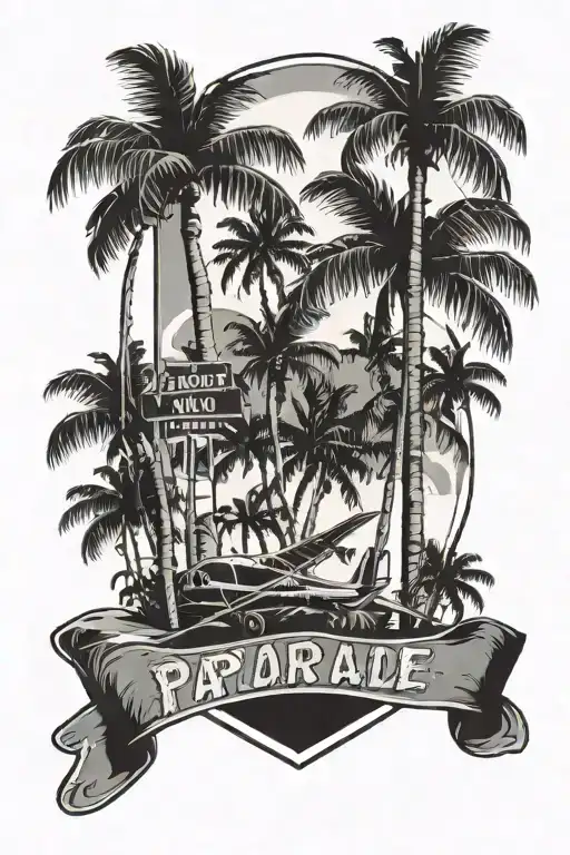 background as palm trees and a beach. Then add a airplane and polaroids. with a street sign tattoo design idea