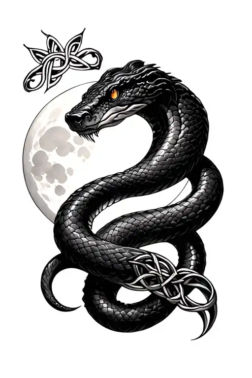 snake with Celtic knotwork intertwined with moon in background tattoo design idea