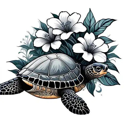 Guam with flower and turtle swimming gracefully tattoo design idea