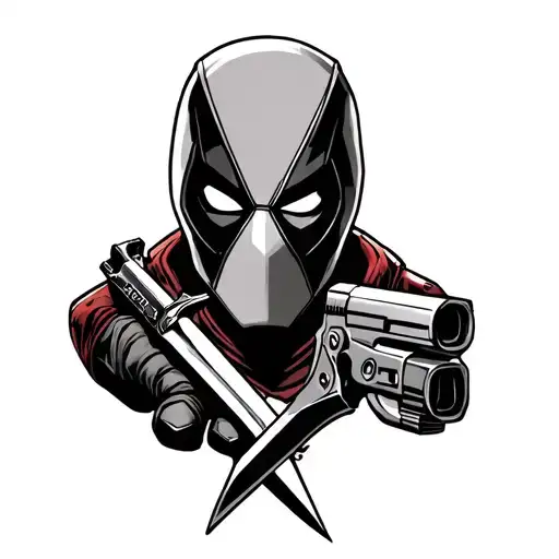 new school deadpool tattoo just the head with a gun in one hand and a sword through his temple tattoo design idea