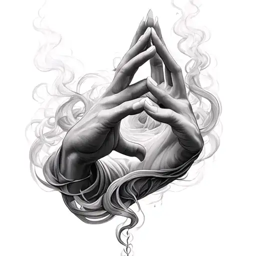 wisps and lines of smoke around arm coming down forming kundalini double helix and become the abhya mudra  tattoo design idea