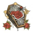 Coffin with the on eye lid, Rose, spider web, blood droplets tattoo design idea