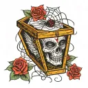 Coffin with the on eye lid, Rose, spider web, blood droplets tattoo design idea