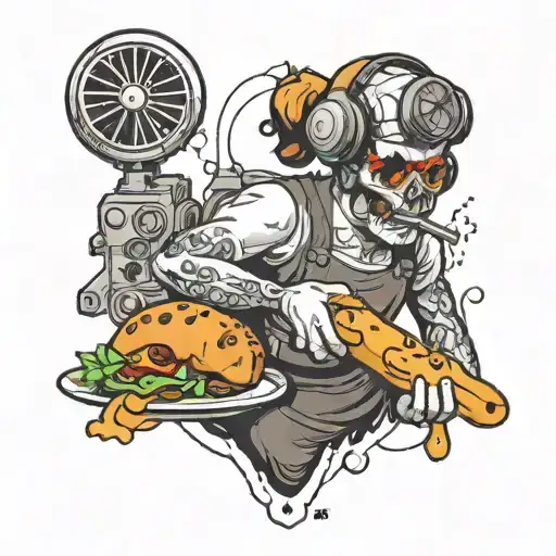 A glass-blower with a sweet bread and a taco wearing headphones tattoo design idea