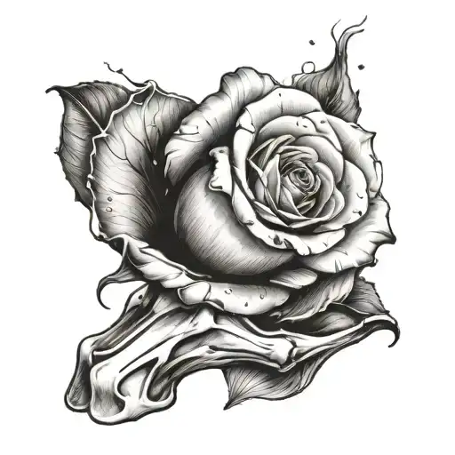 realistic bone hand holding a dying rose with petals falling  tattoo design idea