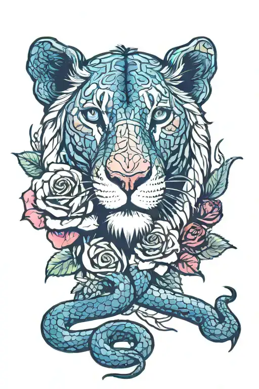snake wrapped around rose ( rose in the middle) and half face of a female lithic lion to the left by a rose tattoo design idea