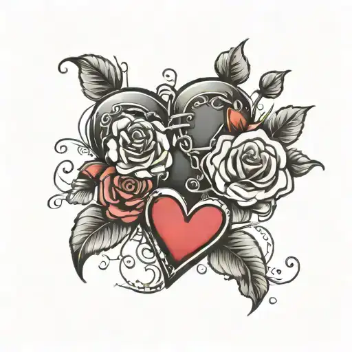 Draw a picture of two hearts with wrapped with a locket with roses and the date 2.22.22 tattoo design idea