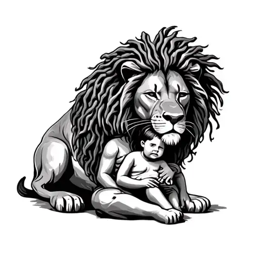 A powerful lion with dread-like mane (mirroring locs), curled protectively around a child sitting peacefully  tattoo design idea