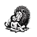 A powerful lion with dread-like mane (mirroring locs), curled protectively around a child sitting peacefully  tattoo design idea