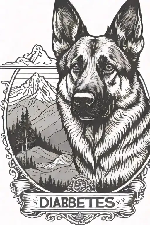 German shepherd saying "diabetes" American flag mountain scene tattoo design idea