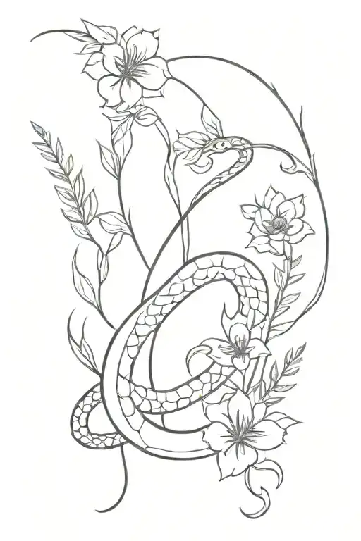 snake, plants, flowers tattoo design idea