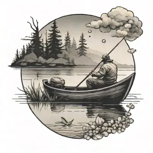 A tattoo design of a serene fishing scene with a fisherman on a boat in a peaceful lake setting tattoo design idea