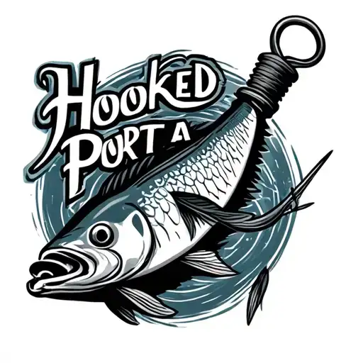hook with fishing line that spells Hooked in Port A tattoo design idea