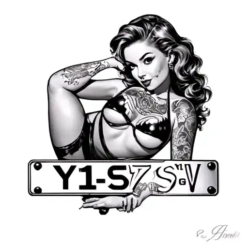 pin up girl with number plate Y117SGV inbetween her legs tattoo design idea