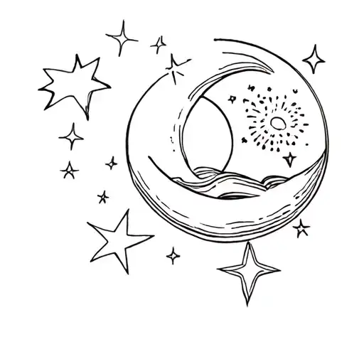 Book, stars, sun and moon, fine line, pale colors tattoo design idea