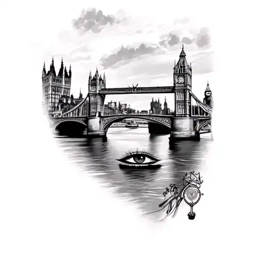 Thames river with big ben and london bridge and london eye tattoo design idea