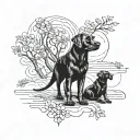 2 black labrador retrievers. 1 old and 1 young. following each other walking tattoo design idea