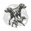 2 black labrador retrievers. 1 old and 1 young. following each other walking tattoo design idea