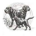 2 black labrador retrievers. 1 old and 1 young. following each other walking tattoo design idea