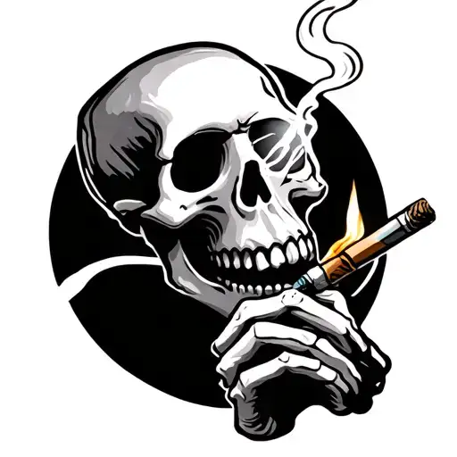 A skeleton lighting up a blunt with a   Lighter  with smoke coming from the mouth tattoo design idea