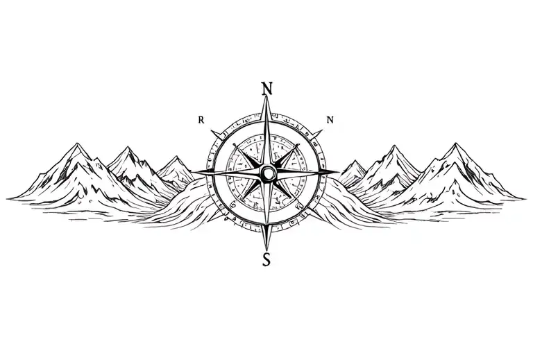 large compass surrounded by intricate geometric mountains and waves, black and white tattoo design idea