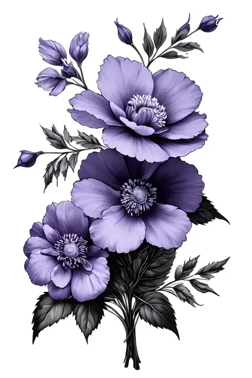 Violet And Primrose bouquet tattoo design idea