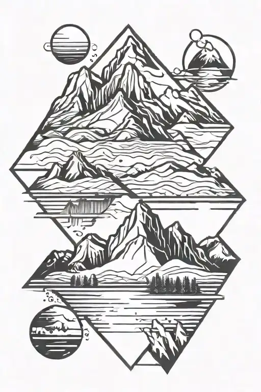 Stencil mountain range with a lake in geometric shapes tattoo design idea