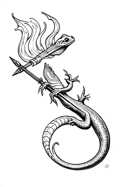 Salamander on the arrow from onions, around a little fire, gently tattoo design idea