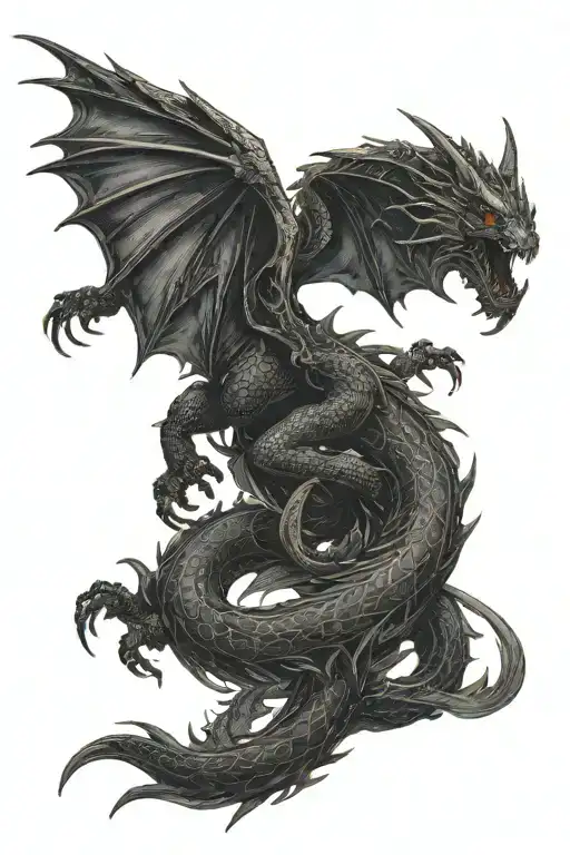 Black dragon with large outstretched wings flying  tattoo design idea