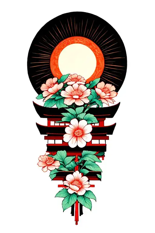 Japanese sun, Shinto shrine and flowers in a wood block print style. top center of back tattoo design idea
